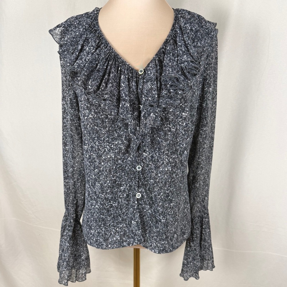 Escada Black & White Abstract Micro-Print Ruffle Blouse Size 36 US 6 EUC